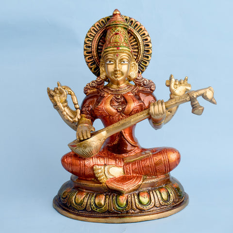 10.2 Inch Beautiful Brass Saraswati Idol | Saraswati Mata Murti Brass Statue featuring intricate detailing, perfect for spiritual home decor, temple worship, and devotional gifting. Indiaβs Largest Brass Idols Brand - www.satvikstore.in