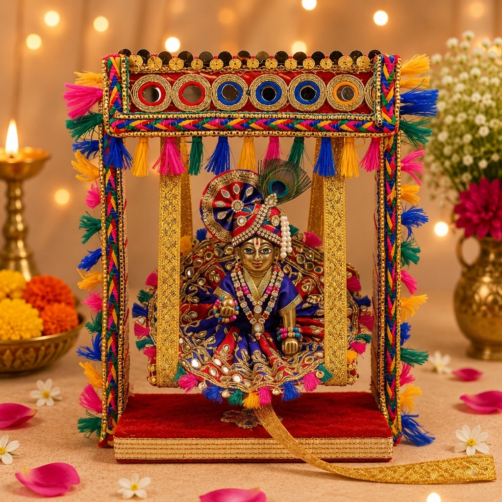 Elegant Laddu Gopal Jhula with Mirror Stone