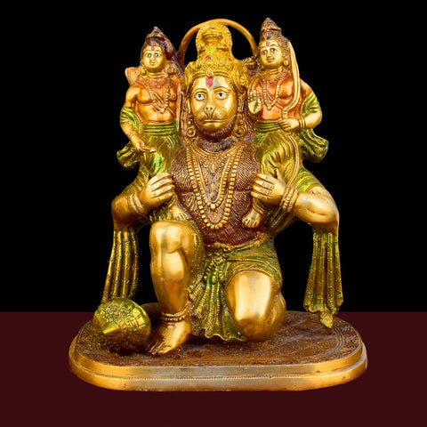 11.4 Inch Hanuman with Ram Laxman on Shoulder Brass Idol with fine detailing, symbolizing strength, devotion, and protection β perfect for pooja room, home temple, or as a spiritual gift. No.1 Brass Idol Store www.satvikstore.in