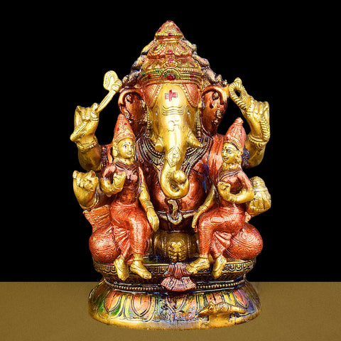 12.8-inch Lord Ganesha brass statue with Riddhi Siddhi, symbolizing prosperity, wisdom, and success, ideal for home temples and gifting. Indiaβs Largest Brass Idols Brand - www.satvikstore.in