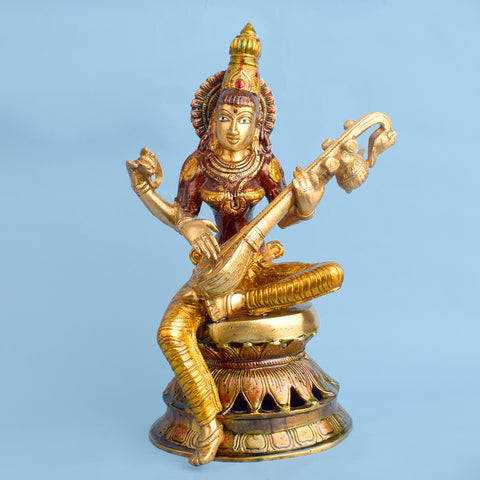 12_Inch_Saraswati_Mata_Brass_Idol_Goddess_Saraswati featuring intricate detailing, perfect for spiritual home decor, temple worship, and devotional gifting. Indiaβs Largest Brass Idols Brand - www.satvikstore.in