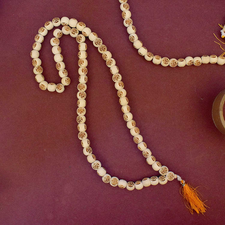 Wooden Jap Mala Engraved with Radha Name – Spiritual prayer beads with Radha inscription for chanting and devotion. 
India’s Largest Pooja Accessories Brand - www.satvikstore.in