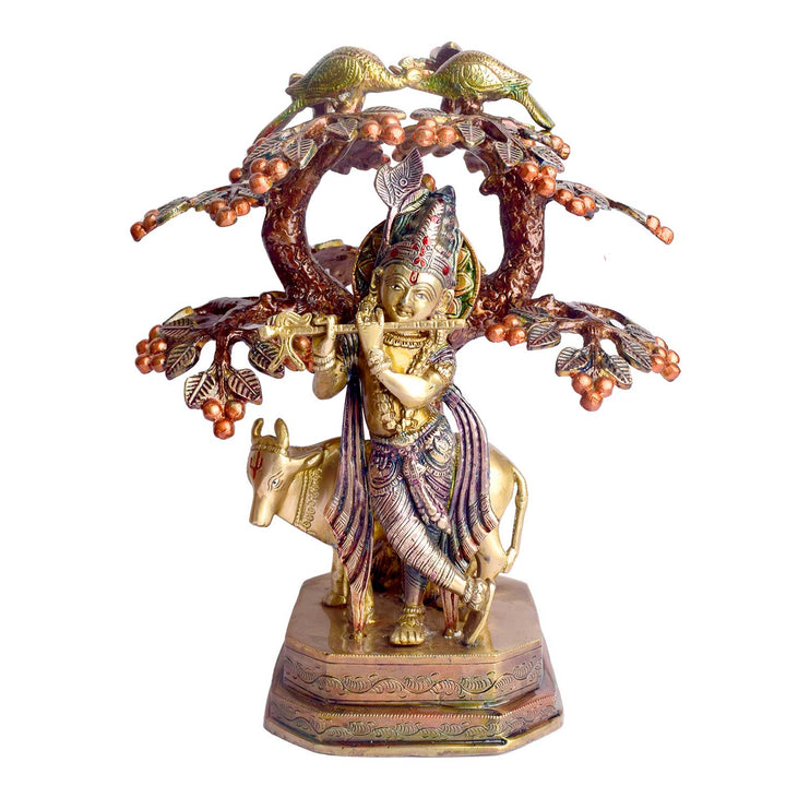 13.4-inch pure brass statue of Lord Krishna standing with a cow under a tree, representing divine love, protection, and harmony, perfect for home or temple decor. India’s Largest Brass Idols Brand - www.satvikstore.in