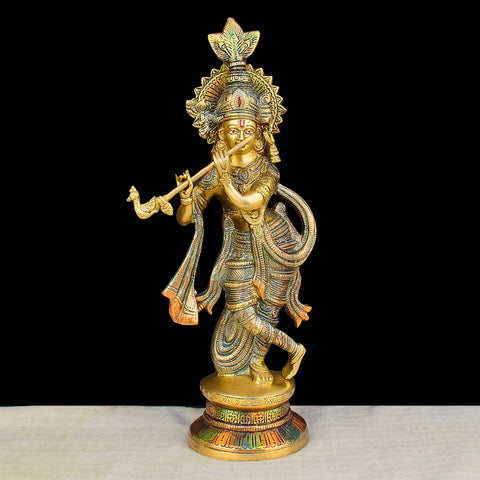 15-inch large brass statue of Lord Krishna, crafted with intricate details, symbolizing devotion, peace, and divine blessings for home and temple dΓ©cor. Indiaβs Largest Brass Idols Brand - www.satvikstore.in