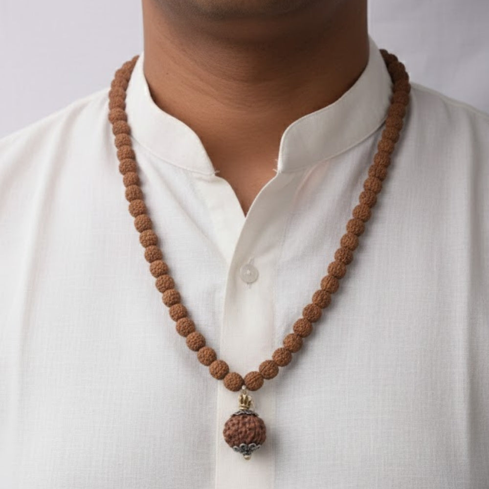 5 Mukhi Rudraksha Mala with Silver-Plated Capping Beads