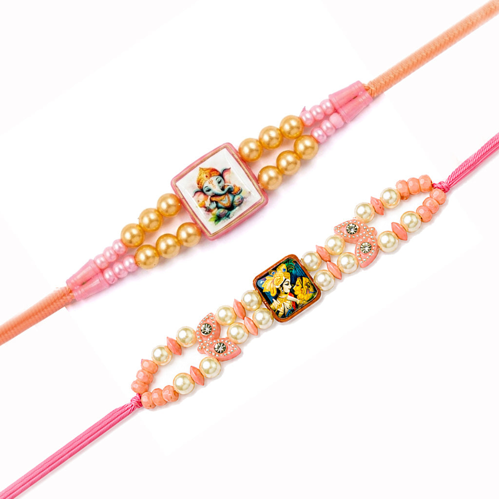 Divine Ganesha and Radha Krishna Pearl Beaded Rakhi (Set of 2)
