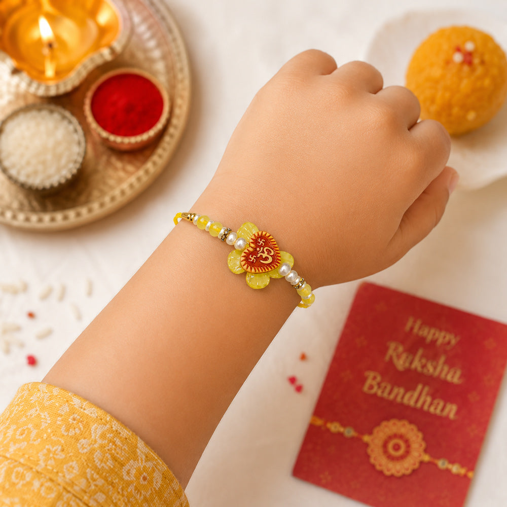Cute Heart Om and Swastik Yellow Flower Kids Rakhi