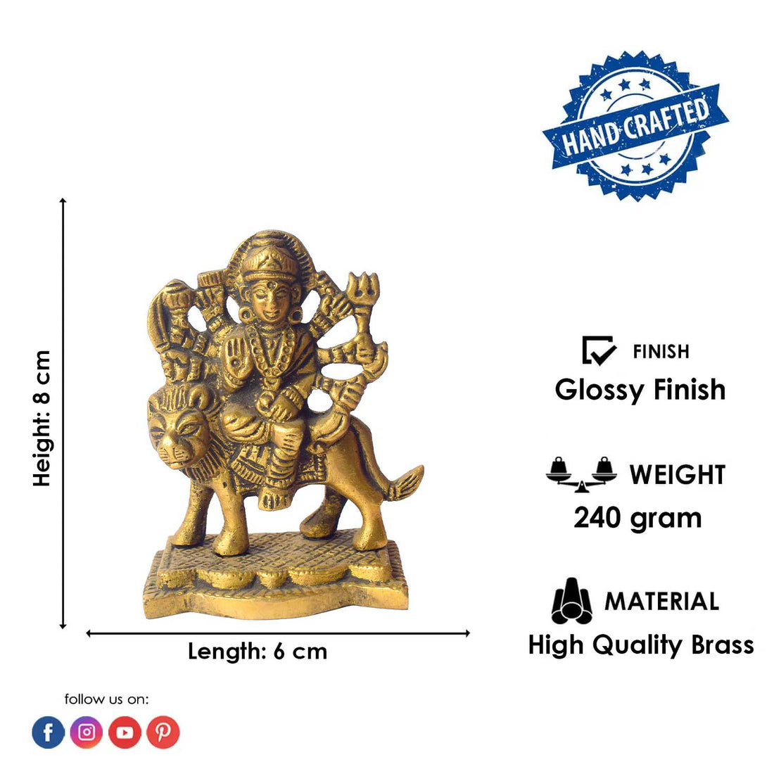 3.1 Inch Brass Sherawali Mata Idol with Base – Divine Blessings for Home & Car