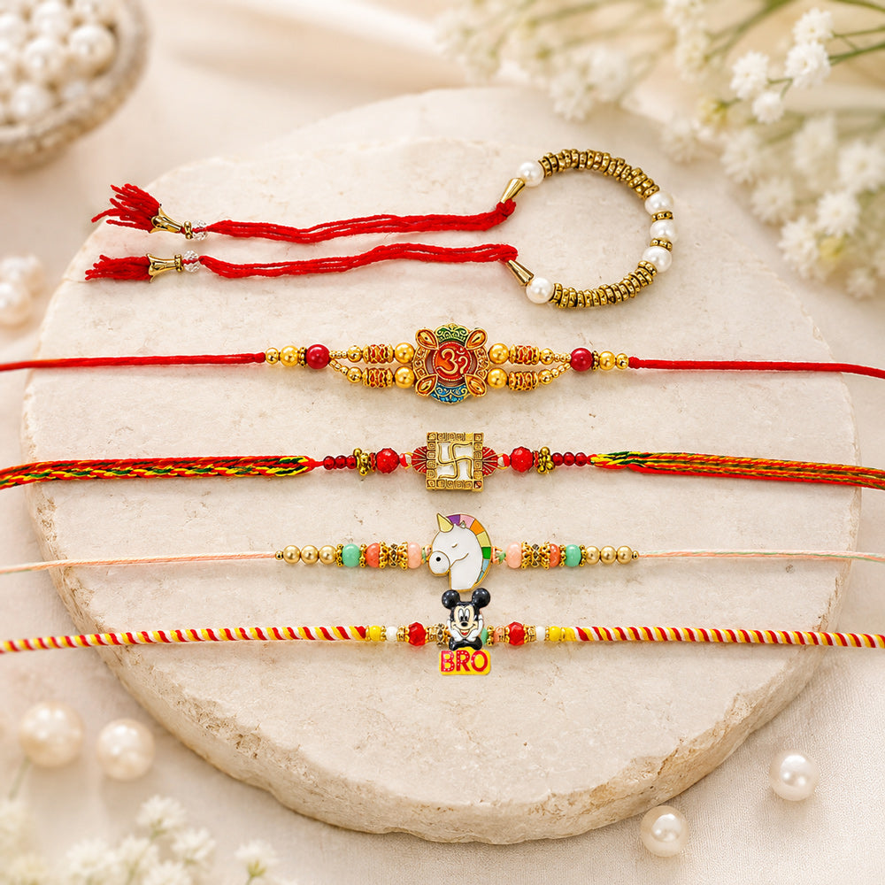 Handcrafted Om Swastik Rainbow Rakhi Combo (Set of 5)