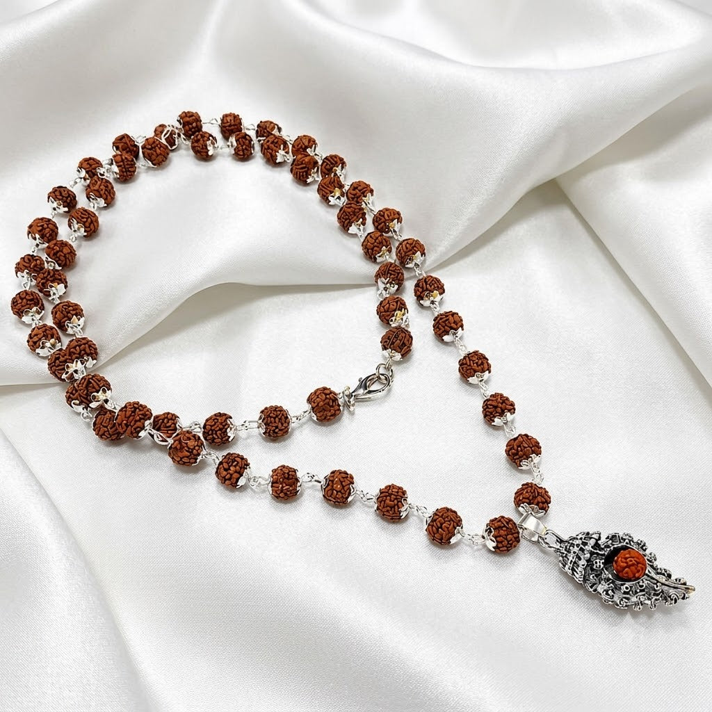 5 Mukhi Rudraksha Mala with Silver-Toned Sumeru Pendant