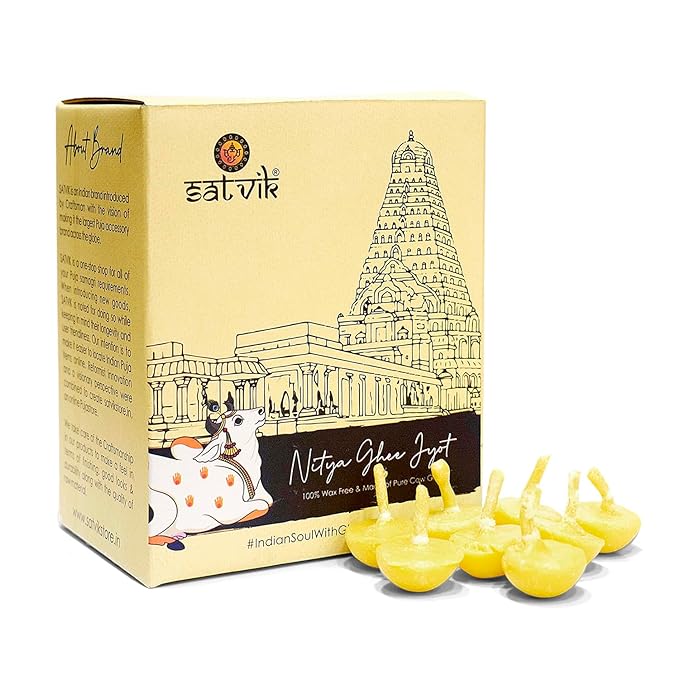Pack of 50 Pure Cow Ghee Diya Wicks (Wax Free), crafted with Ayurvedic cow ghee for clean, sacred illumination in daily pooja. Indiaβs Largest Pooja Accessories Brand β www.satvikstore.in