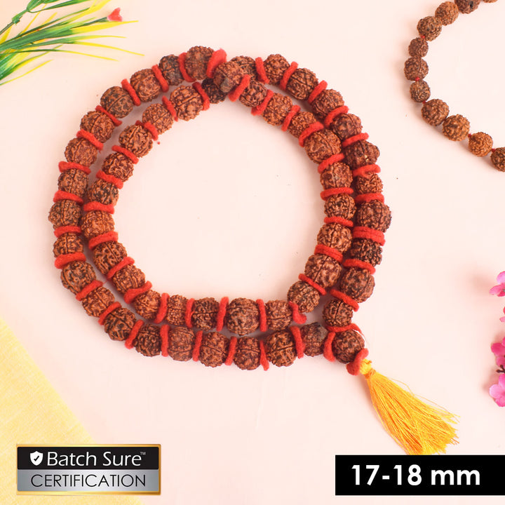 5 Mukhi Rudraksha Kantha Mala with 54 natural beads, strung in red velvet thread for spiritual meditation and daily prayer use. India’s Premium Rudraksha Jap Mala Store- www.satvikstore.in