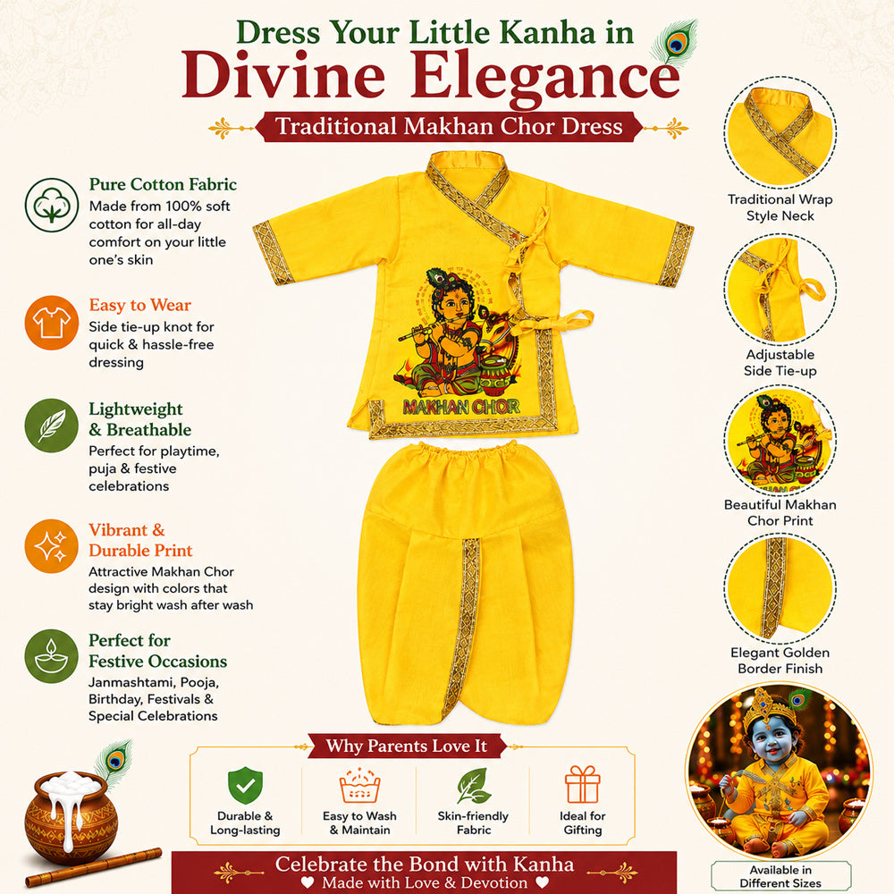 Size 1 Makhan Chor Yellow Krishna Dress with Golden Border