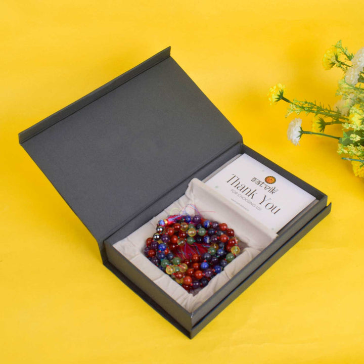 7 Chakra Hakik Mala with 108 Beads – Colorful Spiritual Healing Mala for Energy Balancing, Meditation, and Chakra Alignment. India’s Premium Hakik Jap Mala Store-www.satvikstore.in