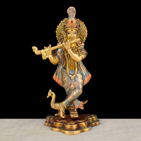 8.1-inch Lord Krishna brass murti featuring intricate detailing, perfect for spiritual home decor, temple worship, and devotional gifting. Indiaβs Largest Brass Idols Brand - www.satvikstore.in