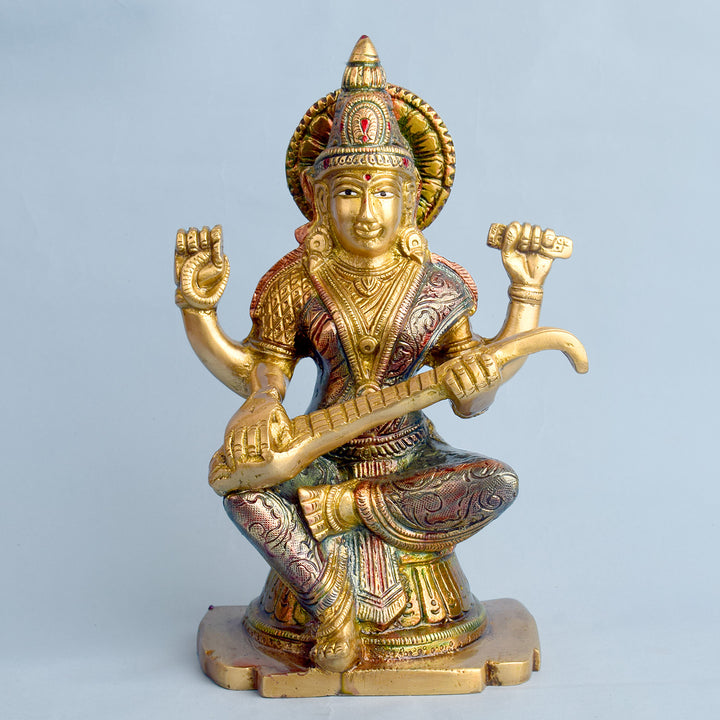8.7 Inch Divine Brass Saraswati Maa Idol | Goddess Statue Brass Statue featuring intricate detailing, perfect for spiritual home decor, temple worship, and devotional gifting. India’s Largest Brass Idols Brand - www.satvikstore.in