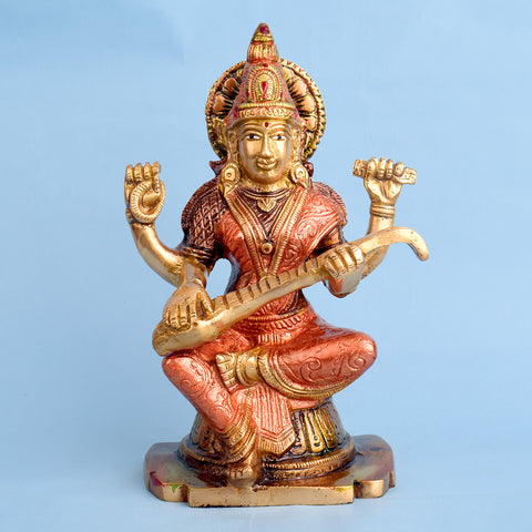 8.7 Inch Goddess Saraswati Mata Idol Brass Statue featuring intricate detailing, perfect for spiritual home decor, temple worship, and devotional gifting. Indiaβs Largest Brass Idols Brand - www.satvikstore.in