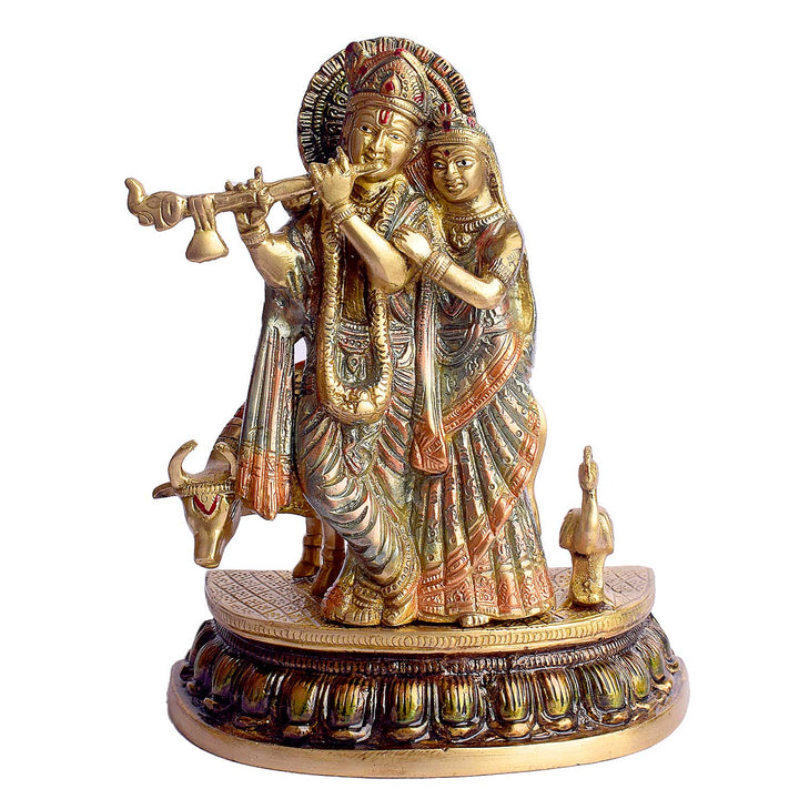 9.3 Inch Radha and Krishna with Cow Brass Statue featuring intricate detailing, perfect for spiritual home decor, temple worship, and devotional gifting. Indiaβs Largest Brass Idols Brand - www.satvikstore.in