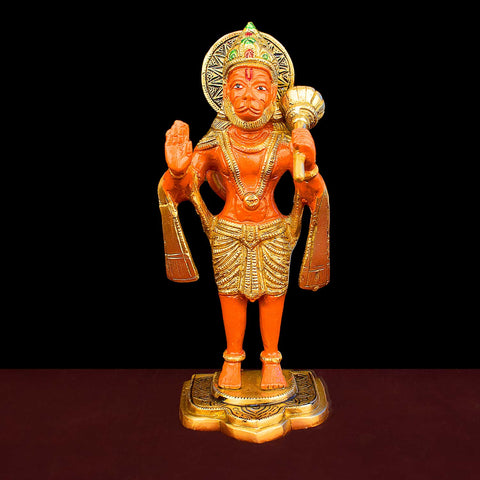 9 Inch Kesari Hanuman Standing Brass Idol with fine detailing, symbolizing strength, devotion, and protection β perfect for pooja room, home temple, or as a spiritual gift. No.1 Brass Idol Store www.satvikstore.in