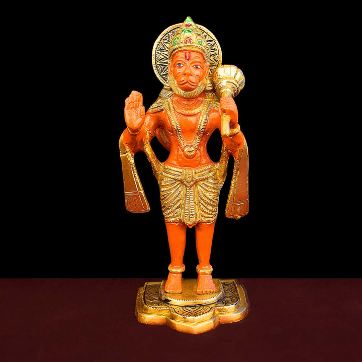9 Inch Kesari Hanuman Standing Brass Idol with fine detailing, symbolizing strength, devotion, and protection β perfect for pooja room, home temple, or as a spiritual gift. No.1 Brass Idol Store www.satvikstore.in