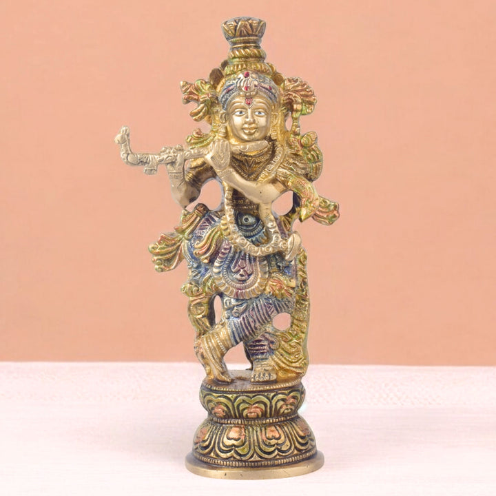 The 9.3 Inch Krishna Idol A Spiritual Icon of Joy and Devotion beautifully captures the essence of Lord Krishna’s divine playfulness and unwavering devotion. Crafted with intricate detail, this idol showcases Krishna in a serene and joyful pose, with his flute in hand, symbolizing the melody of love and spiritual bliss.
