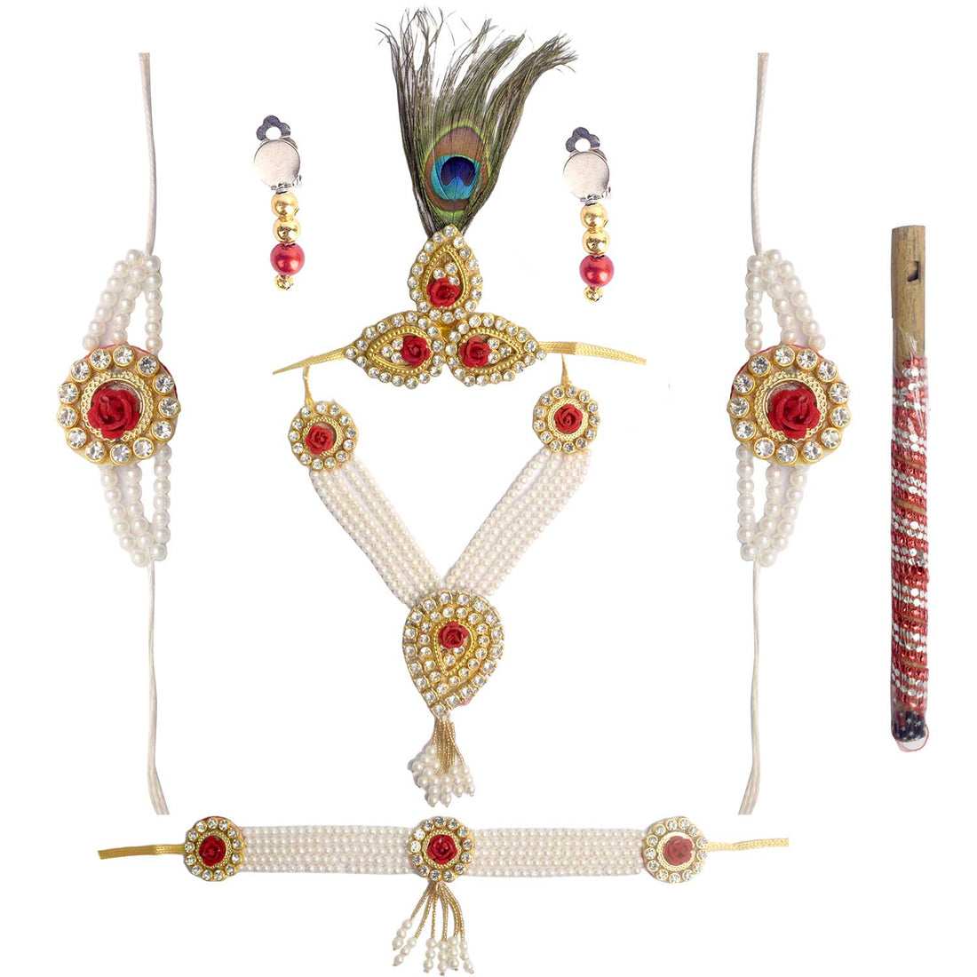 Cream Krishna Dress โ Embroidered Dhoti Kurta with Red Border