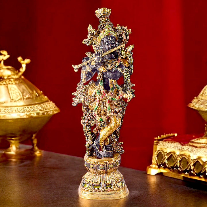 This Delicate Krishna Black Brass Idol beautifully captures the divine charm and grace of Lord Krishna. Crafted from high-quality black brass, the intricate detailing of this idol brings a sense of serenity and spirituality to any space.