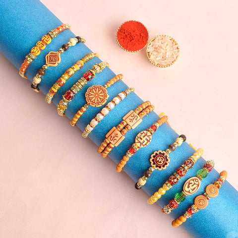 Assortment of 12 Rakhis, featuring different designs, threads, and embellishments for Raksha Bandhan. Indiaβs Largest Pooja Accessories Brand - www.satvikstore.in
