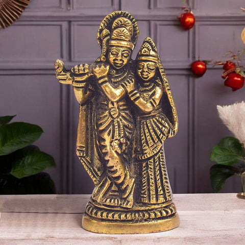 3.7 Inch Radha Krishna idol pair crafted in brass, symbolizing eternal love and devotion, perfect for spiritual decor and gifting.