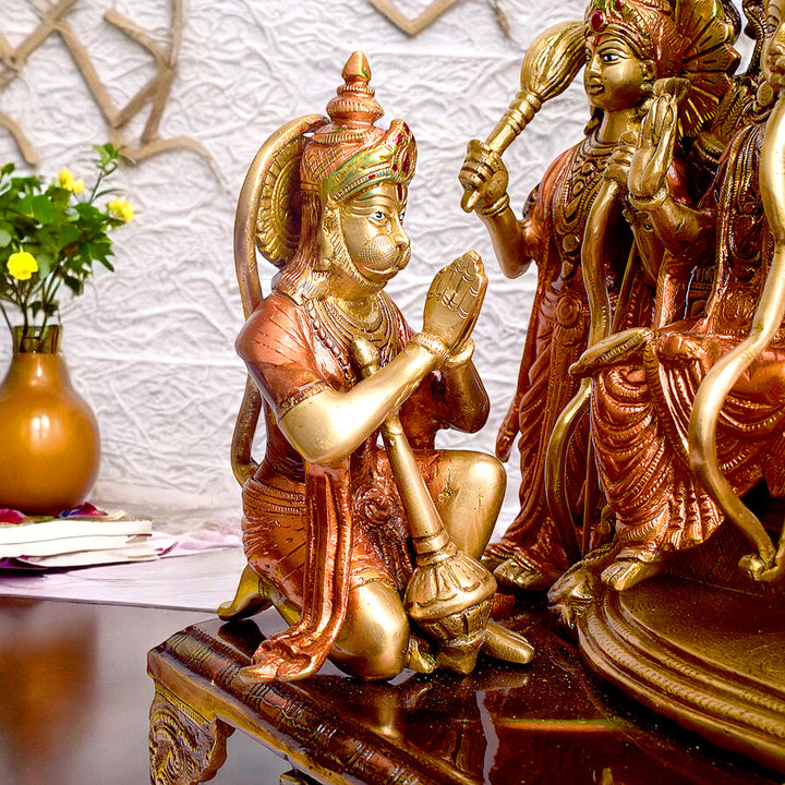 Large Brass Idol of 23 Inch Elegant Brass Ram Darbar Idol. This Elegant Brass Ram Darbar Idol beautifully captures the essence of divinity and royalty. Crafted with intricate detailing, it showcases Lord Ram in a regal pose, symbolizing strength, devotion, and grace.