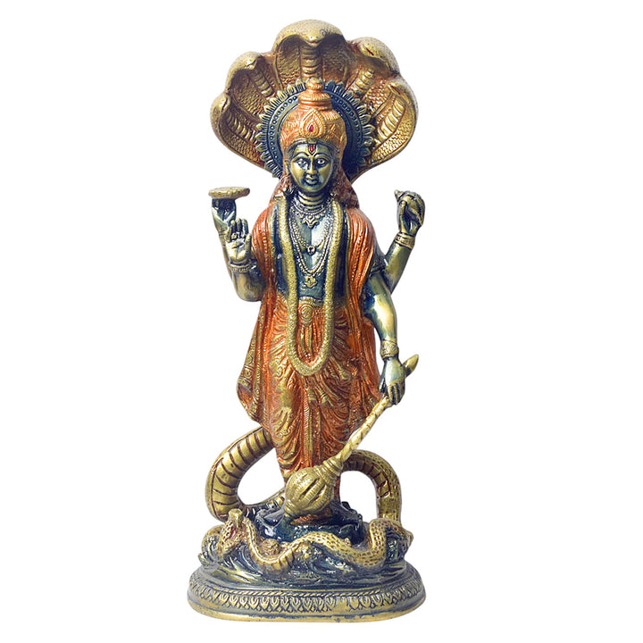 Large Brass Idol of 17 Inch Brass Vishnu Standing with Sheshanag. Bring divine protection and blessings into your home with this stunning 17-inch Brass Vishnu Standing with Sheshanag Idol. This intricately crafted statue features Lord Vishnu, the preserver of the universe, standing gracefully atop the Sheshanag (cosmic serpent). on www.satvikstore.in