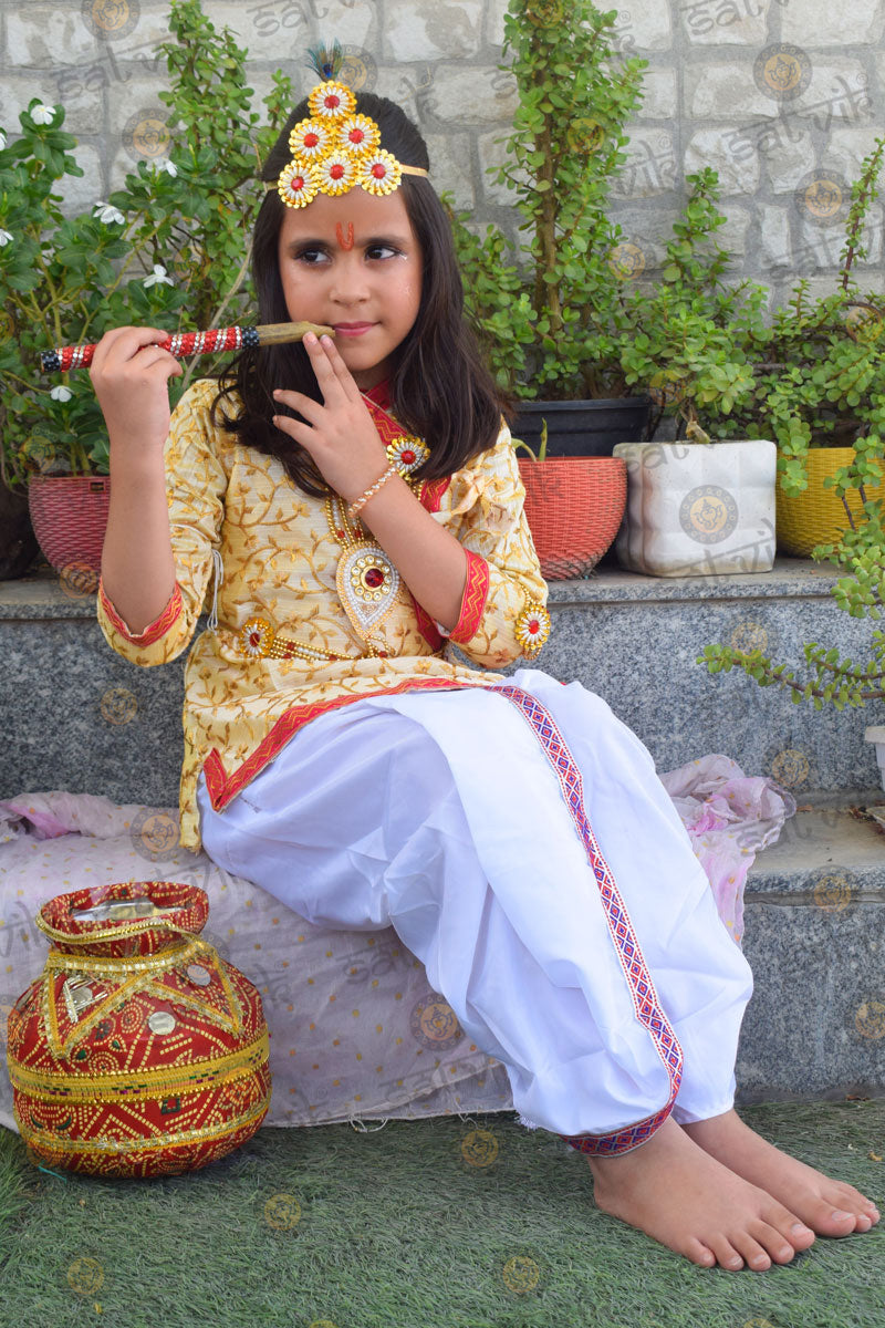 Cream Krishna Dress โ Embroidered Dhoti Kurta with Red Border