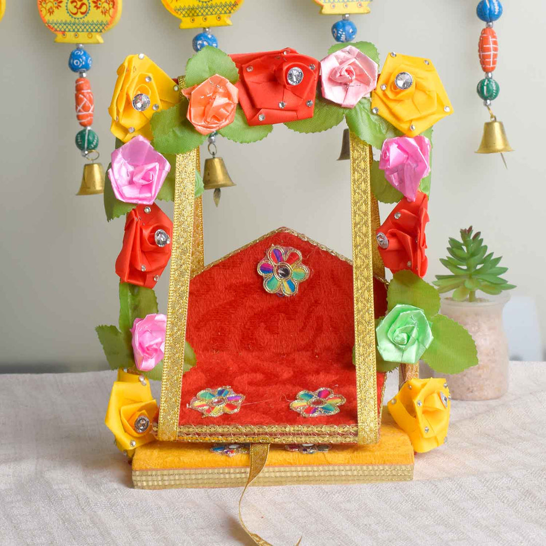 Royal Wooden Velvet Jhula – Floral Gota Swing for Laddu Gopal