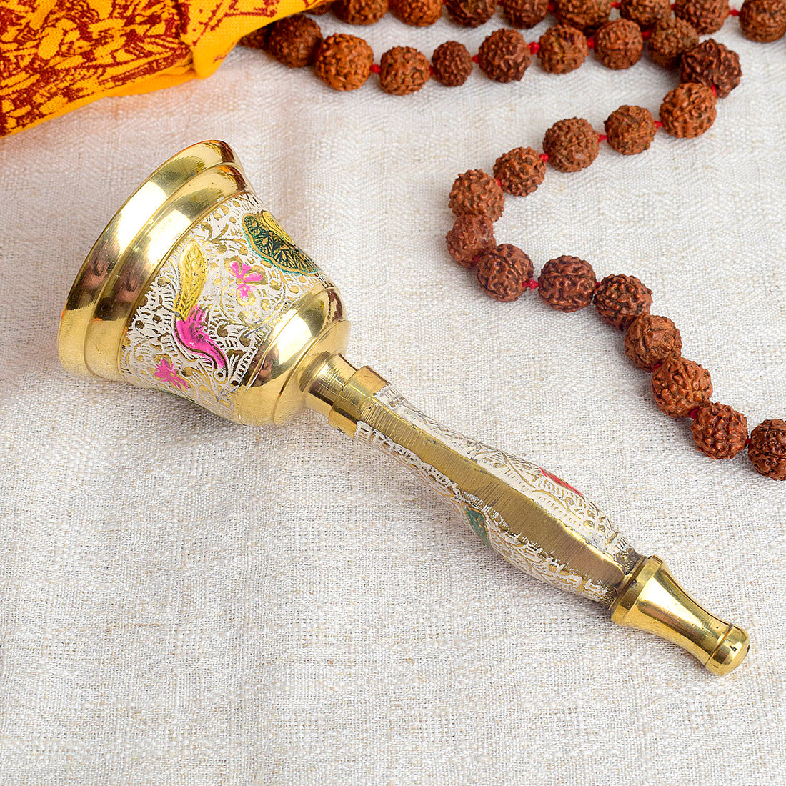 7 Inch Handcrafted Meenakari Brass Puja Bell (White)