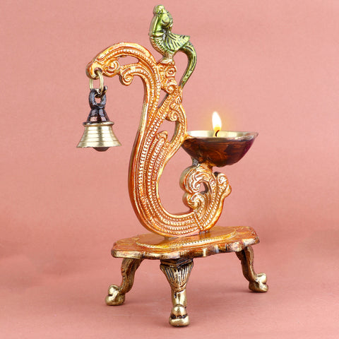 8.1 Inch Beautiful Designer Brass Diya with Hanging Bell, finely crafted for traditional charm and spiritual ambiance β ideal for pooja room, festive dΓ©cor, and temple rituals. No.1 Brass Idol Store www.satvikstore.in