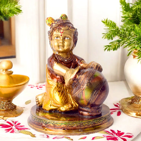 5.5 Inch Handcrafted Brass Bal Gopal Makhan Chor Statue β Intricately Designed Idol of Baby Krishna Stealing Butter, Symbolizing Innocence, Playfulness, and Divine Charm, Ideal for Home Temple and Decor. No.1 Brass Idol Store www.satvikstore.in