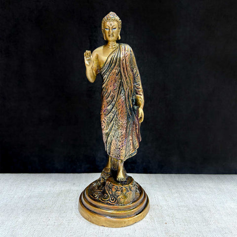 10 Inch Exquisite Brass Buddha in Standing Pose β Finely Detailed Statue Representing Peace, Enlightenment, and Mindfulness, Ideal for Meditation Corners, Home Decor, and Spiritual Spaces. No.1 Brass Idol Store www.satvikstore.in