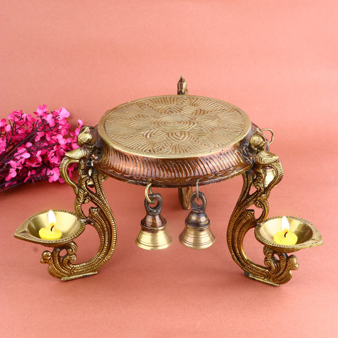 6.1 Inch Decorative Brass Chowki with Diya and Bell β Elegant Brass Platform with Traditional Diya and Bell, Perfect for Pooja, Rituals, and Spiritual Decor in Home or Mandir. No.1 Brass Idol Store www.satvikstore.in