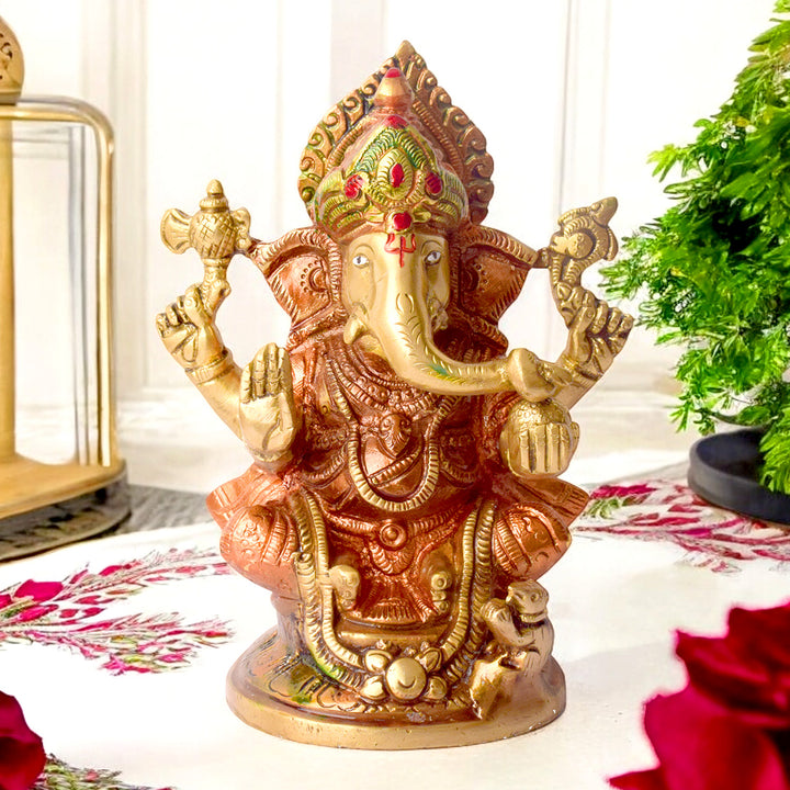 6.9 Inch Vibrant Colored Brass Ganesh Statue – Beautifully Crafted Idol of Lord Ganesha in Rich, Colorful Finish, Symbolizing Wisdom, Prosperity, and Auspicious Beginnings for Home or Temple Decor. No.1 Brass Idol Store www.satvikstore.in