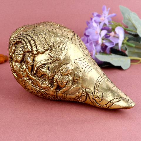 3.5 Inch Elegant Brass Vishnu Shankh β Intricately Crafted Brass Conch Shell Symbolizing Lord Vishnuβs Divine Presence, Ideal for Rituals, Temple Pooja, and Sacred Home Decor. No.1 Brass Idol Store www.satvikstore.in