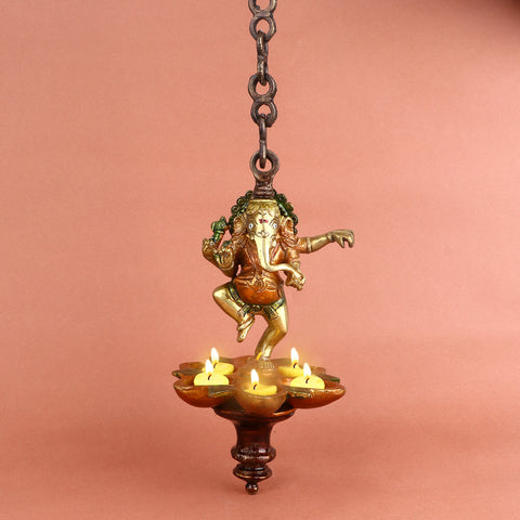 32 Inch Brass Dancing Ganesha Panchmukhi Hanging Diya β Majestic Wall Hanging of Lord Ganesha in a Dancing Pose with Five-Wick (Panchmukhi) Diya, Symbolizing Joy, Wisdom, and Divine Light, Perfect for Home Temple and Festive Decor. No.1 Brass Idol Store www.satvikstore.in