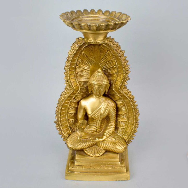 11.4 Inch Sculpted Brass Buddha Candle Stand – Perfect for meditation spaces, home decor, or spiritual ambiance. India's Largest Puja Accessories Brand - Satvik No. 1 Brass Idol Collection