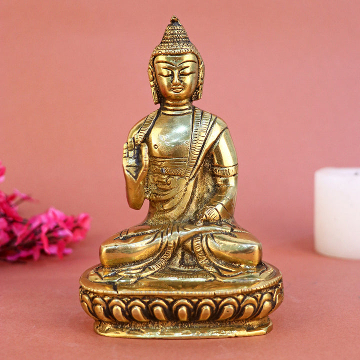 5.5 Inch Brass Buddha Idol, meticulously crafted to capture the serene and peaceful essence of Buddha, perfect for meditation spaces, home decor, and spiritual blessings. No.1 Brass Idol Store www.satvikstore.in
