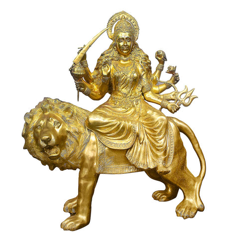 43 Inch Brass Durga Riding Lion Statue β Majestic Multi-Armed Goddess Idol with Sword & Trident, Symbol of Power and Protection for Temple or Home Decor.India's Largest Puja Accessories Brand - Satvik No. 1 Brass Idol Collection