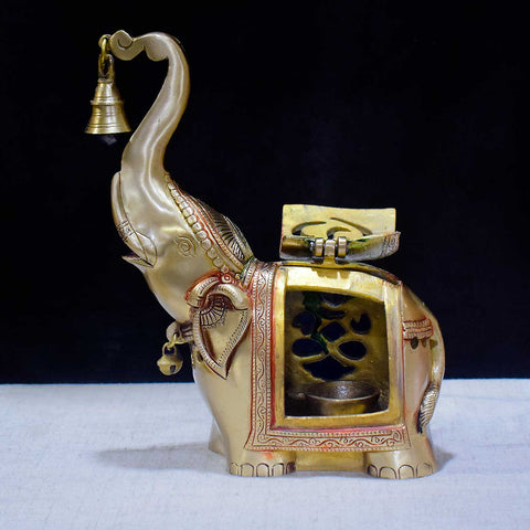 10.6 Inch Brass Elephant Tealight Holder with Bell, beautifully handcrafted with intricate detailing, perfect for enhancing home and pooja dΓ©cor with a traditional and spiritual touch. No.1 Brass Idol Store www.satvikstore.in