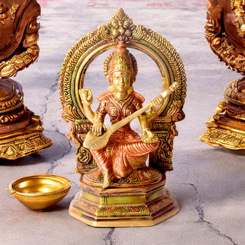 9.2 Inch Brass Goddess Saraswati Statue depicting the deity seated gracefully with veena, symbolizing wisdom, knowledge, and arts, ideal for home temple or study dΓ©cor. No.1 Brass Idol Store www.satvikstore.in