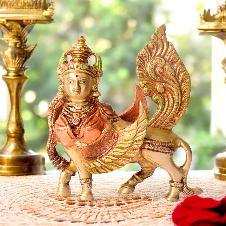 5.2 Inch Kamdhenu Brass Idol featuring the sacred cow goddess with calf, finely handcrafted for home temple, Vastu, and auspicious gifting. No.1 Brass Idol Store www.satvikstore.in