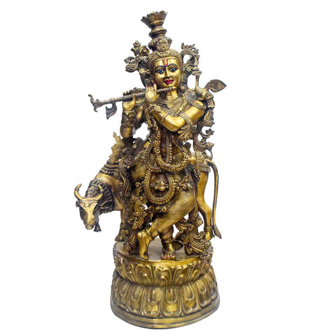 45-inch Large Brass Krishna Flute Player with Cow Statue β Symbol of Divine Love, Harmony, and Serenity for Temple or Home Decor. India's Largest Puja Accessories Brand - Satvik No. 1 Brass Idol Collection