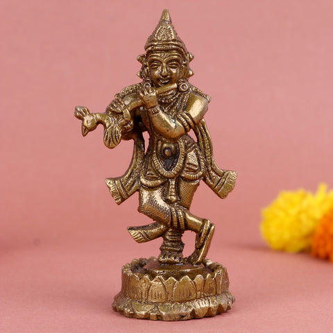 4.3 Inch Brass Krishna Idol β Elegant Flute-Playing Statue for Home Temple, Car Dashboard, or Devotional Gifting. No.1 Brass Idol Store www.satvikstore.in