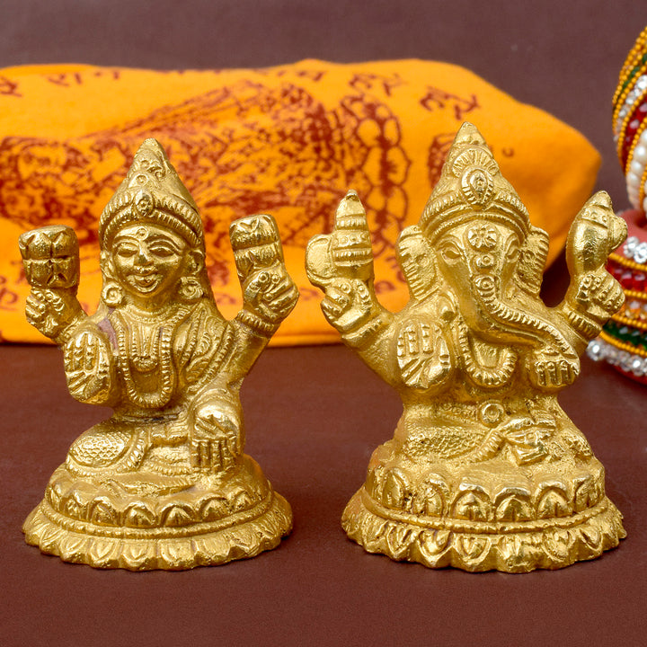 3.1 Inch Laxmi and Ganesha Pair Pure Brass Idol with intricate detailing, perfect for Diwali pooja, home temple, and spiritual gifting  No.1 Brass Idol Store www.satvikstore.in